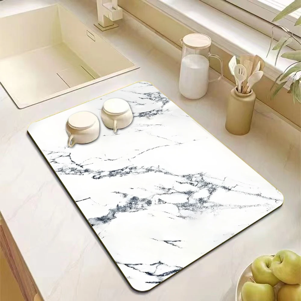 Diatomite Mud Pad with Golden Marble Lines Absorbent Drying Mat Kitchen Counter Coffee Bar Dishwashing Sink Tabletop Decor