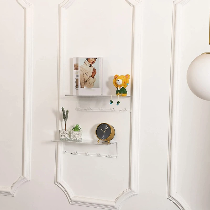 Clear Floating Shelves Display LED,2 PCS Decorative Wall Storage Shelves With Detachable Towel Hooks