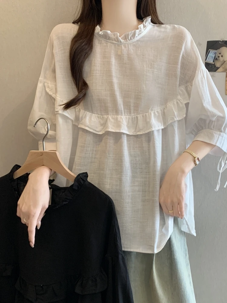 

Spring 2026 Women's Loose Fit Korean Style Cotton Linen Shirt Thin Mesh Breathable Simple Elegance Casual Short Sleeve round ...