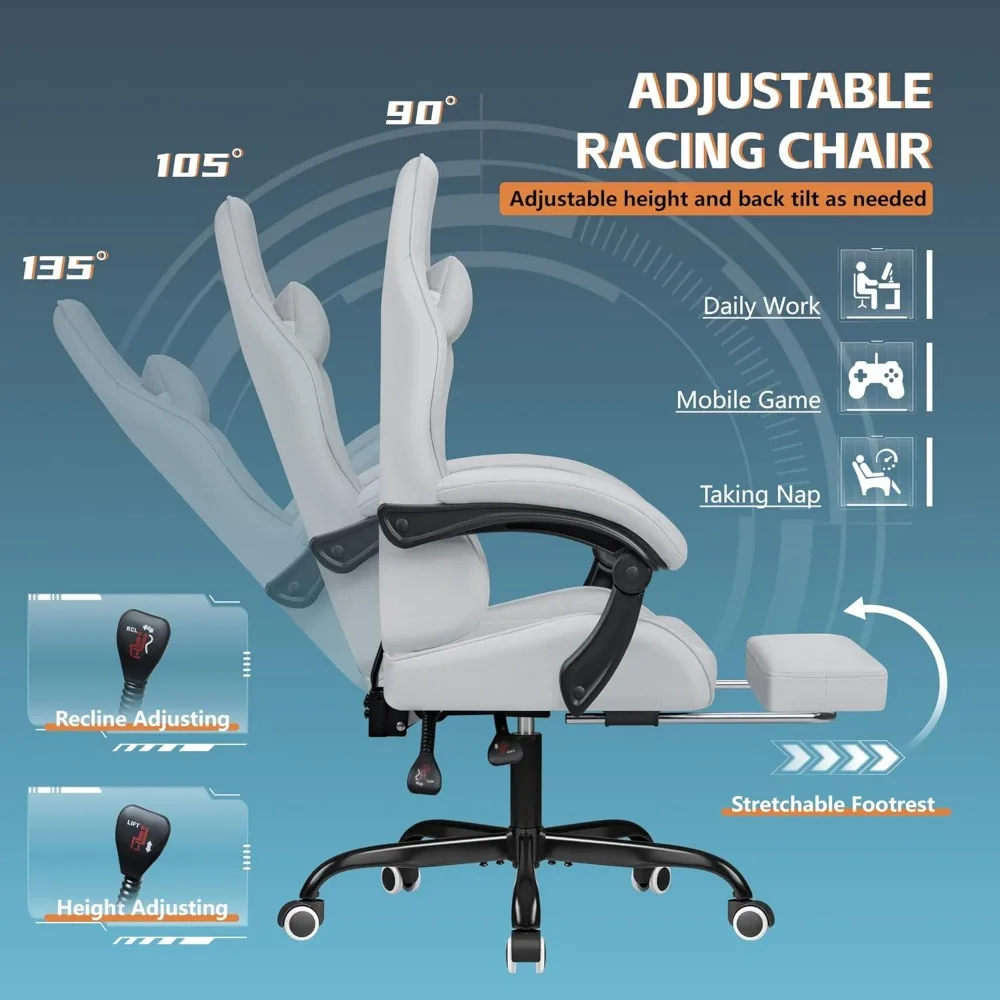 كرسي ألعاب مريح لدعم قطني للتدليك مع مسند قدم قابل للتعديل ومسند للرأس لجلسلات ألعاب الفيديو المريحة