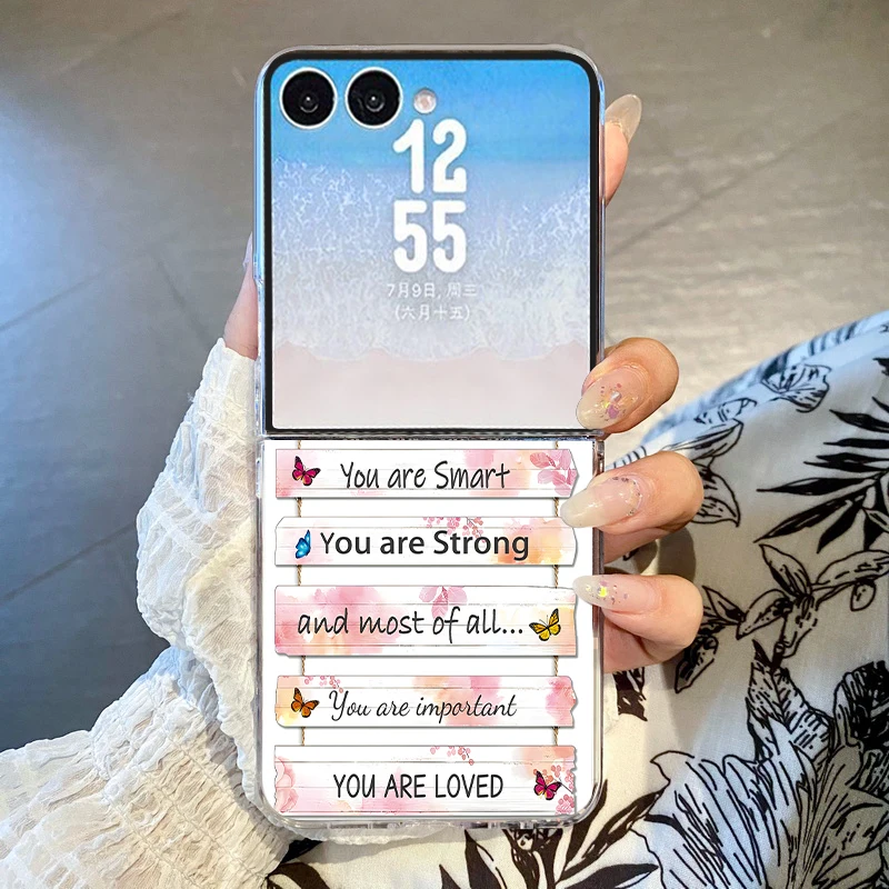 Flowers Text Pattern Phone Case For Samsung Galaxy Z Flip 7 FE 6 5 4 3 5G Hard PC Folding Clear Cover For Samsung Z Flip7 Flip6