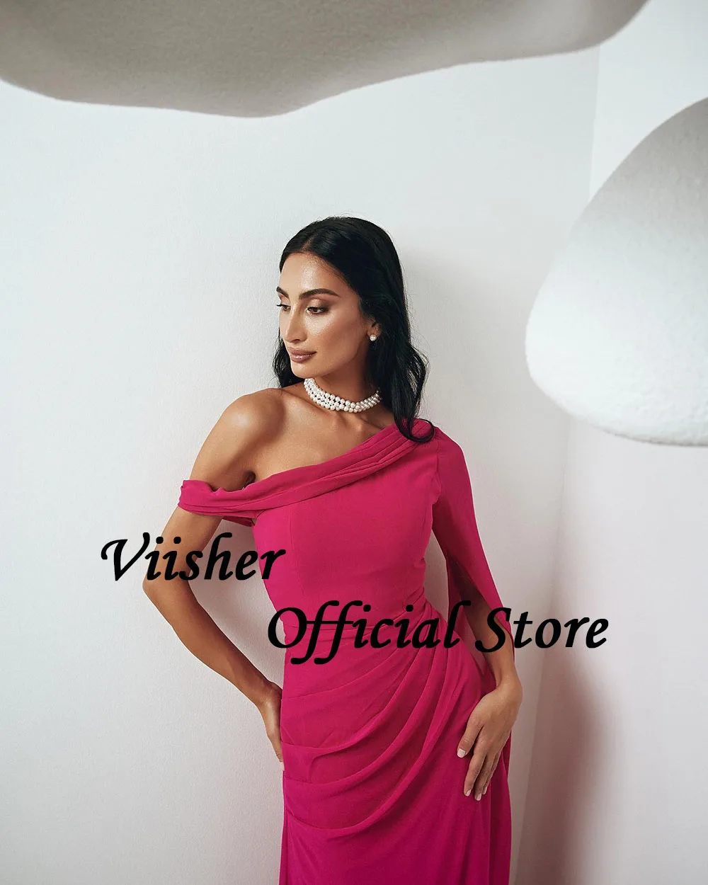 Viisher Fuchsia Chiffon One Shoulder Mermaid Evening Dresses Arabic Dubai Formal Prom Dress Floor Length Evening Party Gown