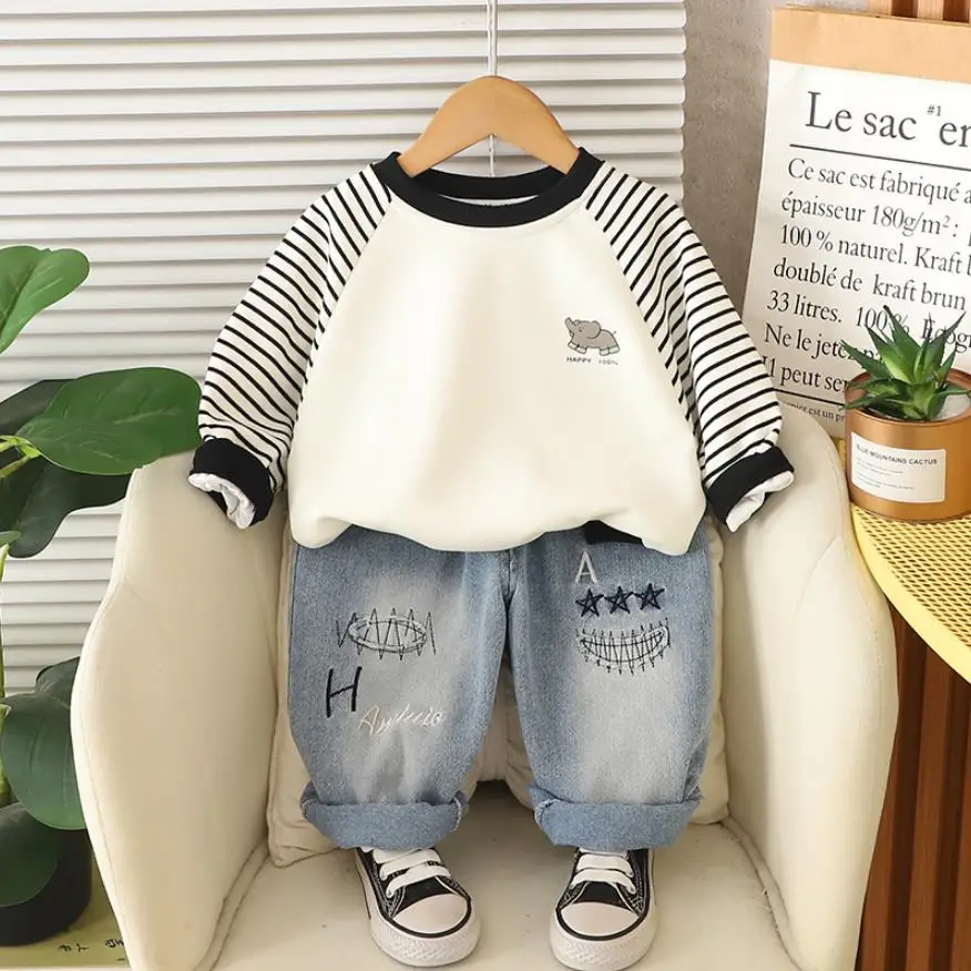 Ropa de otoño para bebés, conjuntos para niños pequeños, jersey con estampado de elefante a rayas, sudaderas con capucha y pantalones vaqueros, trajes de dos piezas para niños
