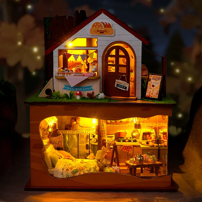 DIY Bakery Store Casa Houten Miniatuur Model Kit 3D Puzzel Poppenhuizen Met Meubels Poppenhuis voor Vrienden Verjaardagscadeaus