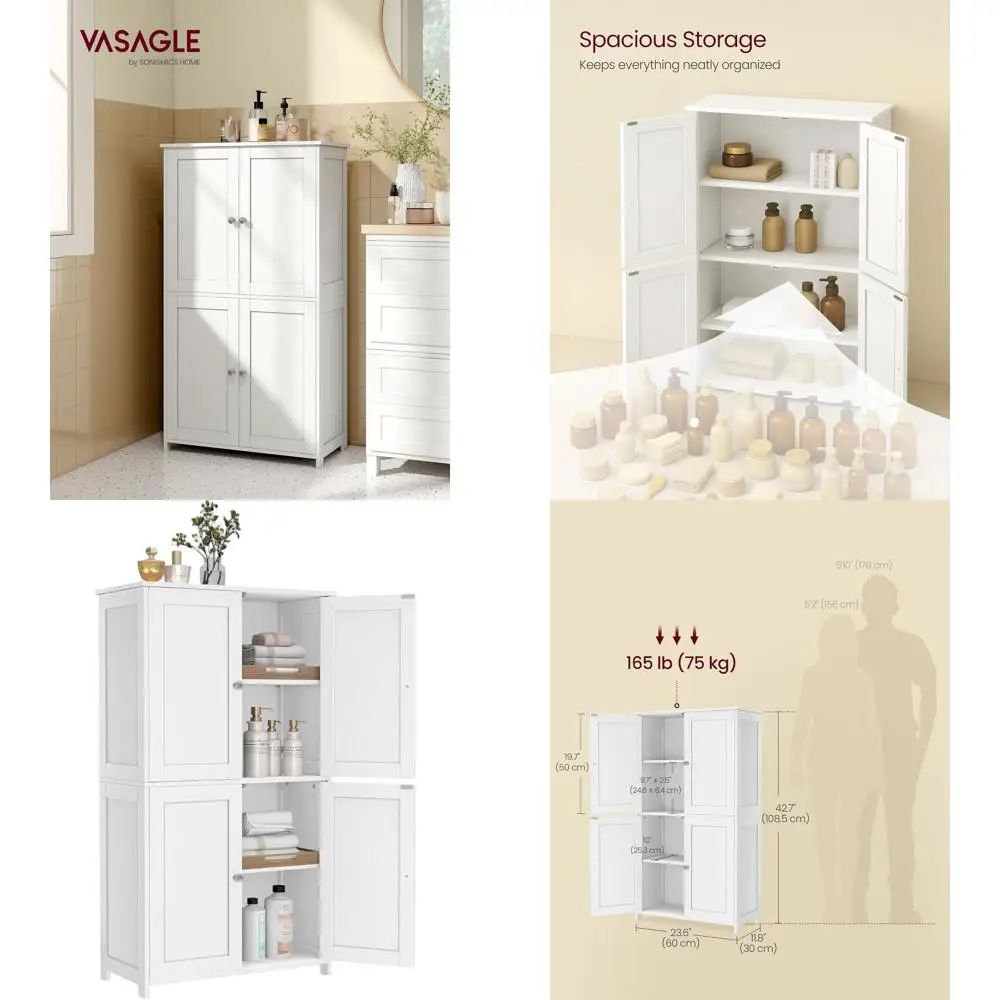 

Tall Freestanding Shaker-Style Storage Cabinet with 2 Adjustable Shelves, 4 Doors, Cloud White for Kitchen, Bath, Living Room -
