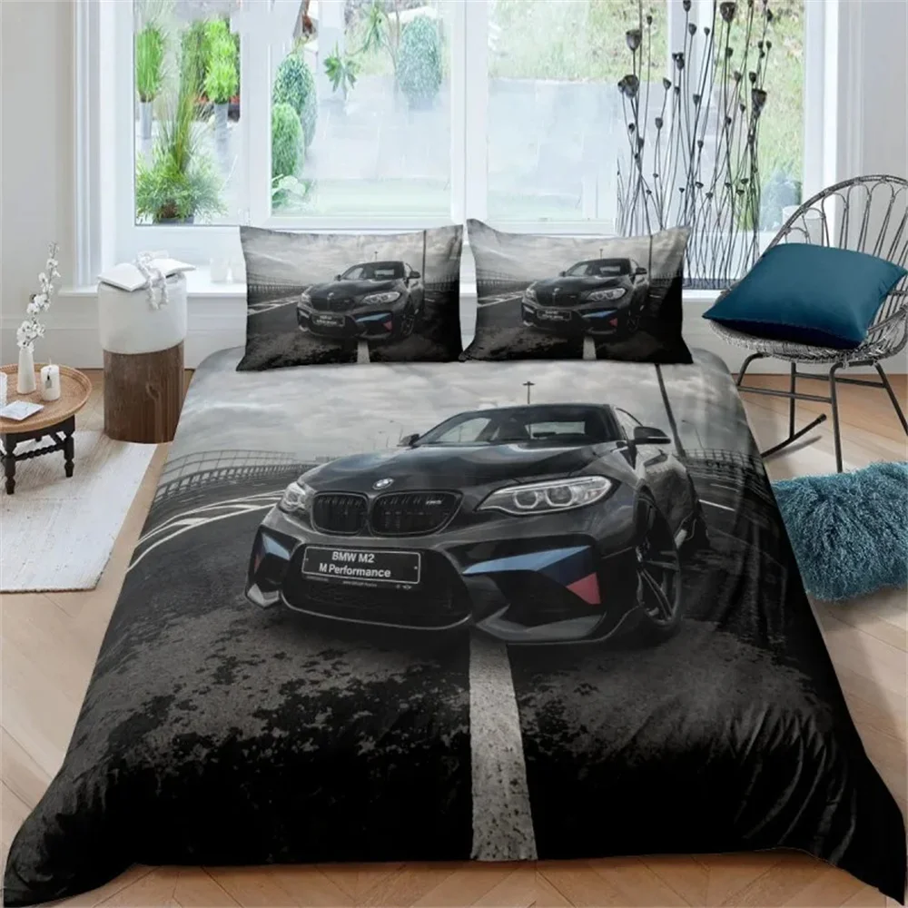 Luksusowy zestaw pościeli z motywem samochodu sportowego, wysokiej jakości, drukowane w 3D, 2/3-częściowe, na łóżko podwójne, queen size, king size, dla dorosłych, chłopców, tekstylia domowe.