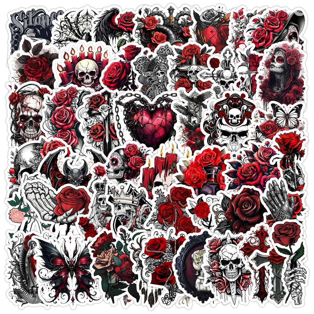 

50pcs Cartoon Red Rose Skull Series Graffiti Stickers For Mobile Phone Shell Skateboard Decorative Stickers DIY Toy Sticker Pack