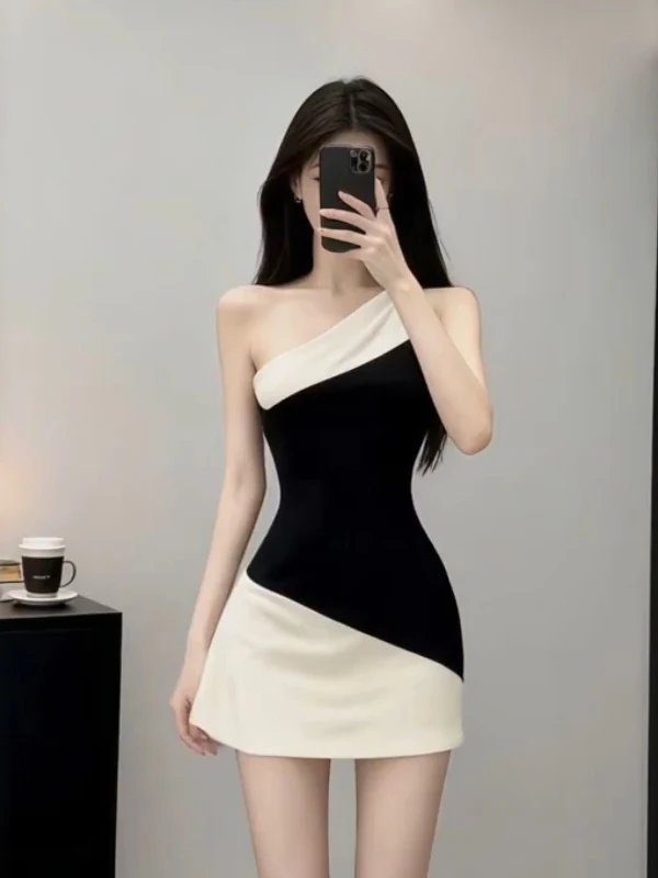 

Pure Desire Spicy Girl Color Colion Single oulder Oblique Collar Dr Women's Autumn Winter Slimming ort Skirt