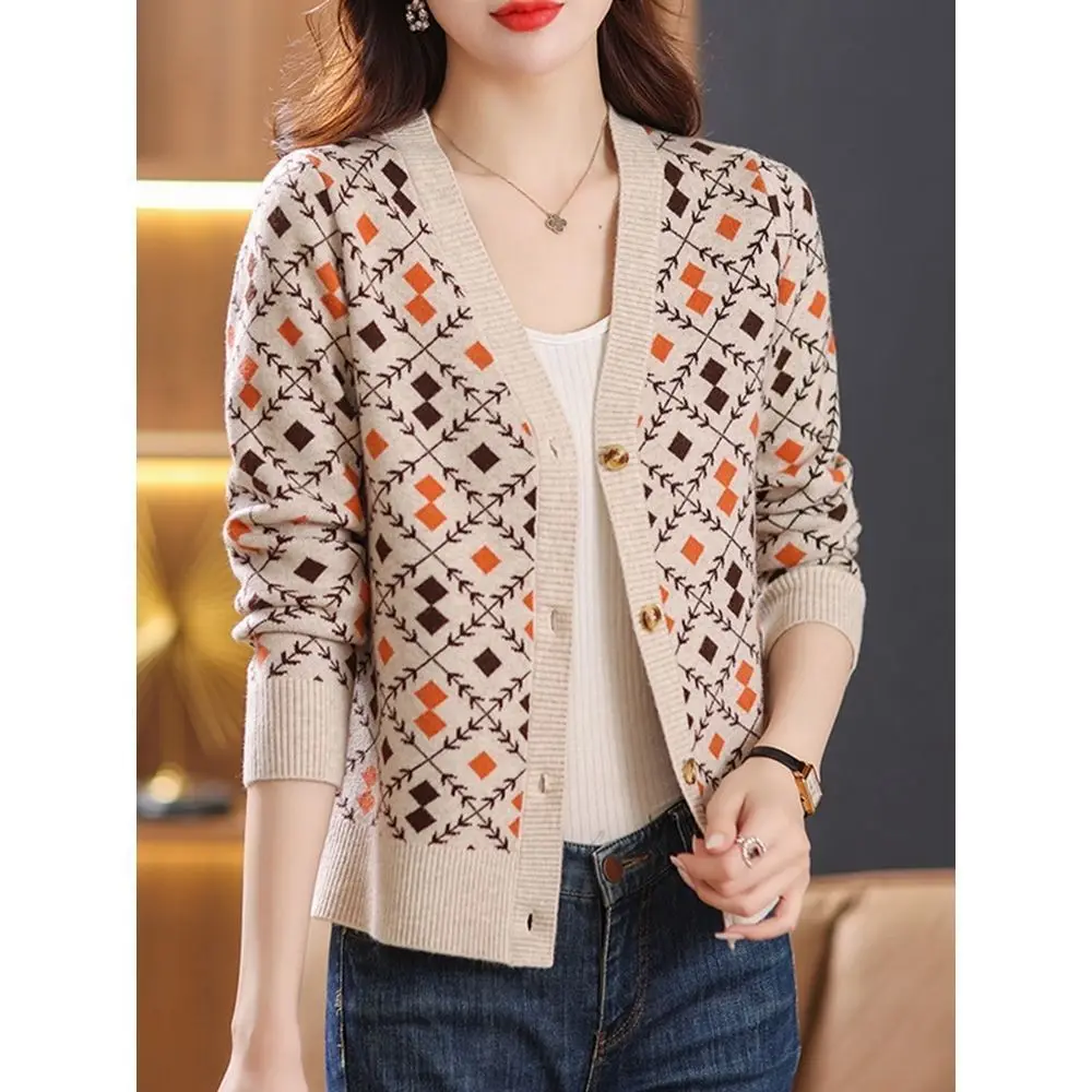 Spring Autumn Fashion Printing Plaid Knitting Cardigan Sweater Ladies All-match Buttons V-neck Sleeveless Coat Women's Clothing