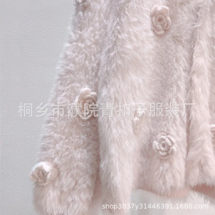 Autumn Winter Womens Imitation Mink Flower Knitted Cardigan Loose Sweater Coat