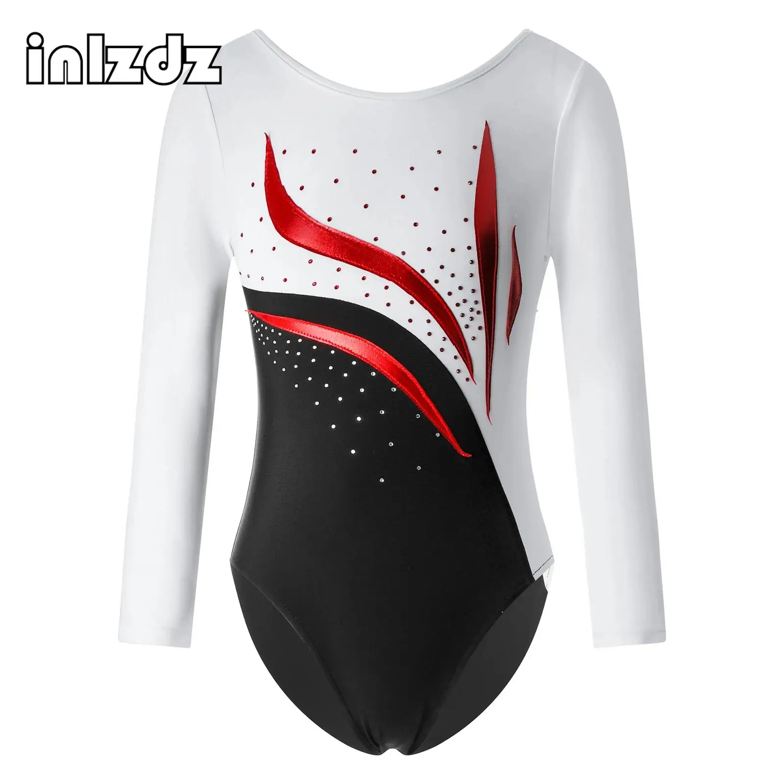 

Teen Girls Figure Skating Ballet Gymnastics Leotard White Long Sleeve Rhinestone Jumpsuit Unitard Performance Dance Wear