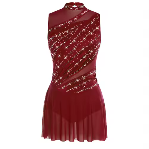 Women Ruched Ballet Lyrical Dancing Dress Round Collar Sleeveless Rhinestone Backless Dress for Stage Performance Competition - Image 15