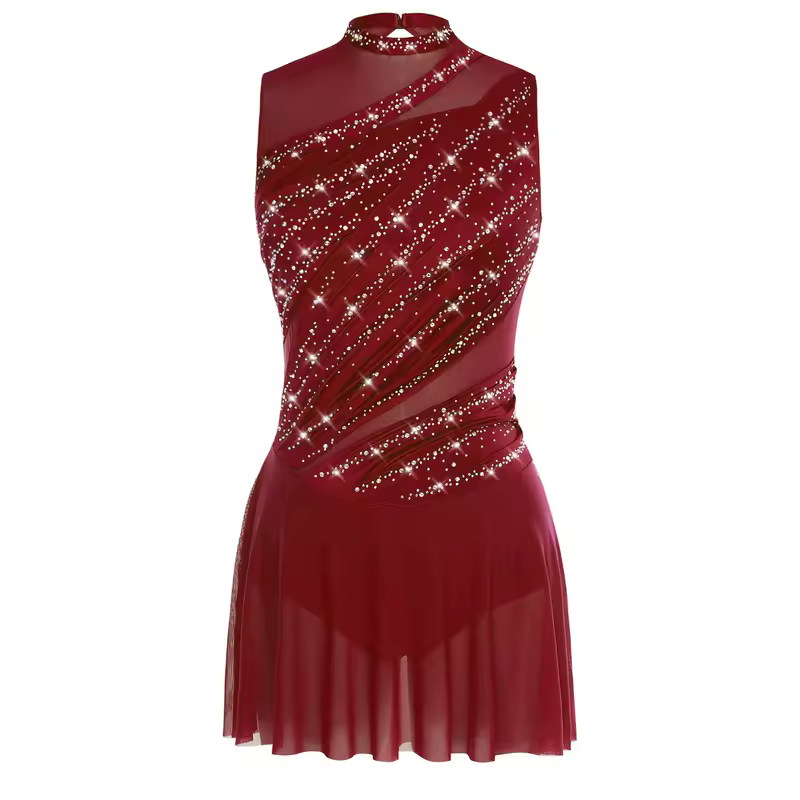 Women Ruched Ballet Lyrical Dancing Dress Round Collar Sleeveless Rhinestone Backless Dress for Stage Performance Competition - Image 15