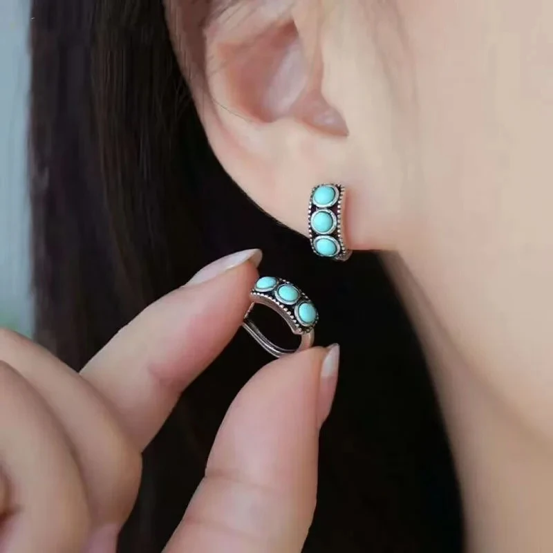 Vintage Imitation Turquoise Hoop Earrings For Women Bohemian Style Simple Design Silver Color Earrings Jewelry Gifts