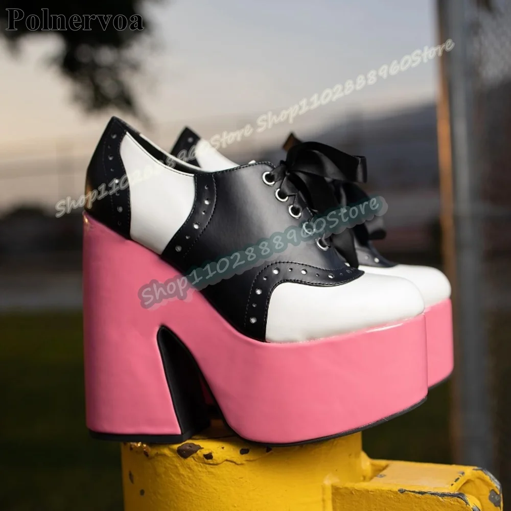 

Trendy Mixed Splicing Leather Platform Pumps Thick Heel Shoes For Women Cross Tied Round Toe Fashion Casual Zapatos Para Mujer