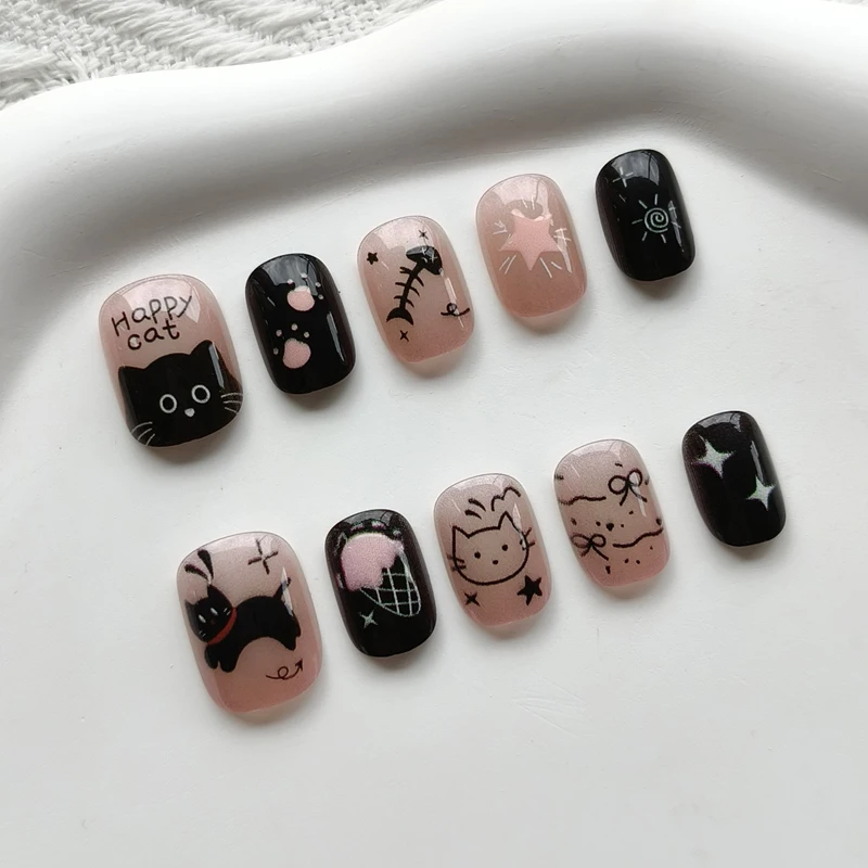 10Pcs Korean Style Cute Short Round Head Cartoon Cat and Bowknot Sweet Cool Nail Patch  Press on Nails Fake Nails Nail Sticker