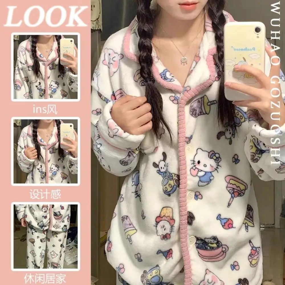 

2Pcs Women Plush Pajamas Set Sanrio Hello Kitty Winter Girls Thickened Home Clothes Coral Velvet Cartoon Kawaii Warm Nightwear