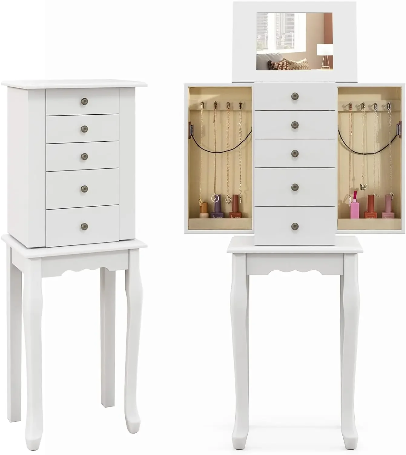 

Jewelry Cabinet Armoire Chest with 4 Drawers, Flip Top Mirror, Top Storage Compartments, 2 Side Doors with 8 Necklace Hooks