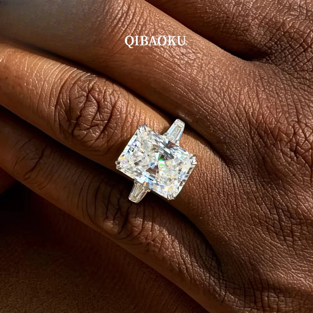 QIBAOKU 3-Stone 4CT Radiant Moissanite Ring Pure S925 Silver with Tapered Baguette Diamond Wedding Band Fine Jewelry Gifts 2026