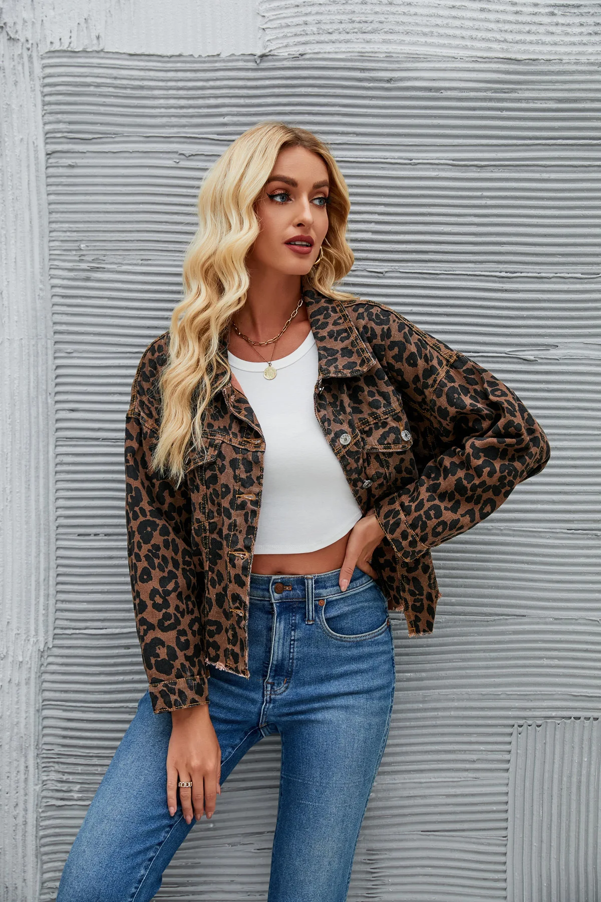 Camour Denim Leopard Print Fashion Leisure Time Denim Jacket Washed Denim Motorcycle Jacket  Luxury Brand