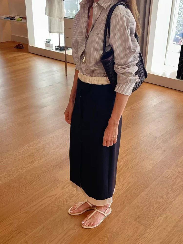 Color-blocked waistband combined half-length skirt for women - High-waisted front slit, elegant business casual straight skirt