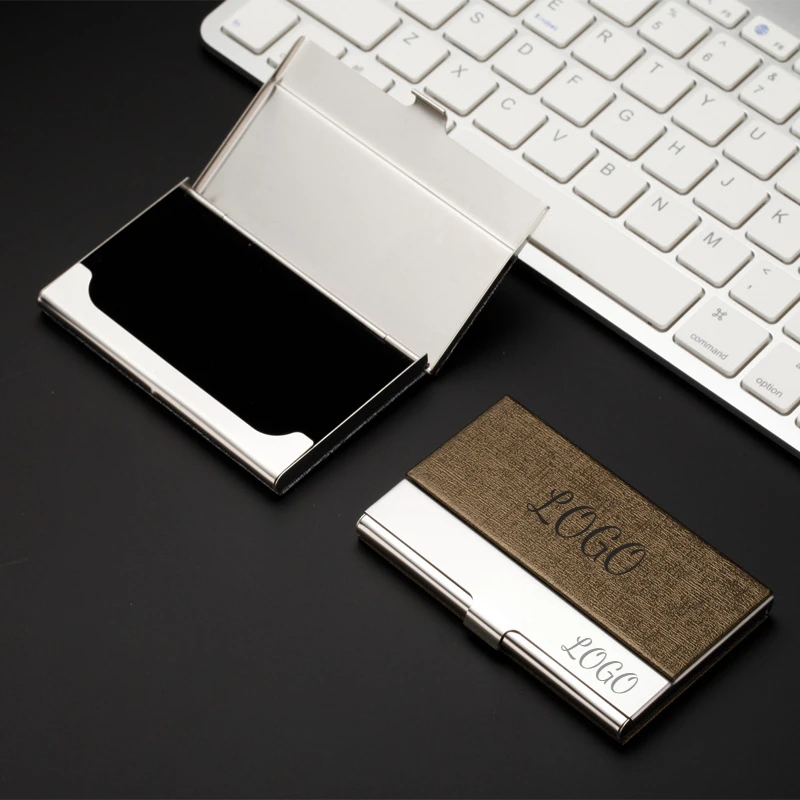 Custom Logo PU Leather Stainless Steel Business Card Case Box Holder Laser Engraving Clip Personalized Cardcase Activities Gifts