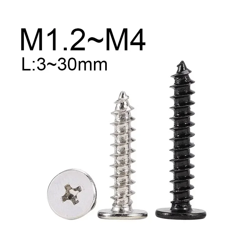 30 ~ 200 SZTUK Phillips Ultra cienkie wkręty samogwintujące do drewna z płaską główką M1.2 ~ M2 M2.3 M2.6 M3 M4 Czarne/niklowane