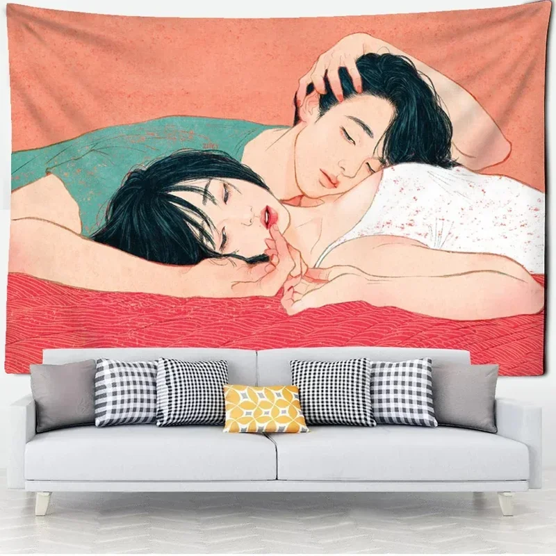 Cartoon Double Tapestry Girl Bohemian Hippie Kawai Wall Hangin Home Bedroom Living Decoration Art Aesthetic Stage Cloth