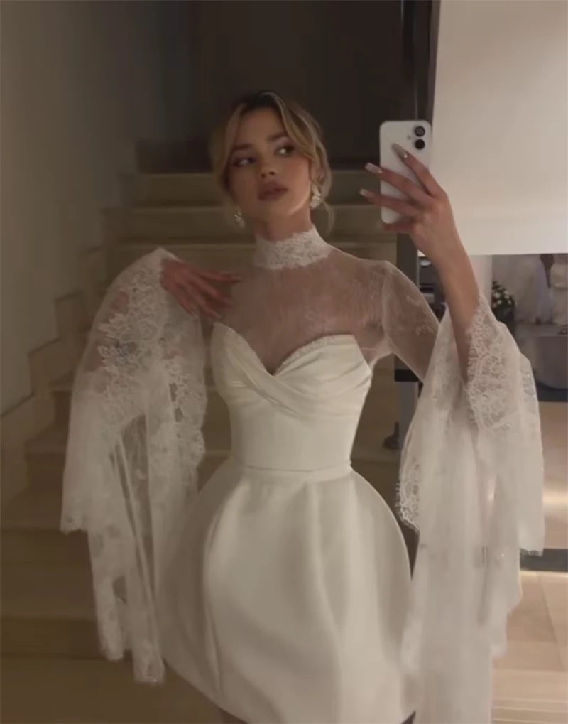 

Xijun Elegant Ivory Short Evening Dresses Lace High Collar Mini Wedding Dresses Flare Sleeves Vintage Prom Gowns 2026 Customized