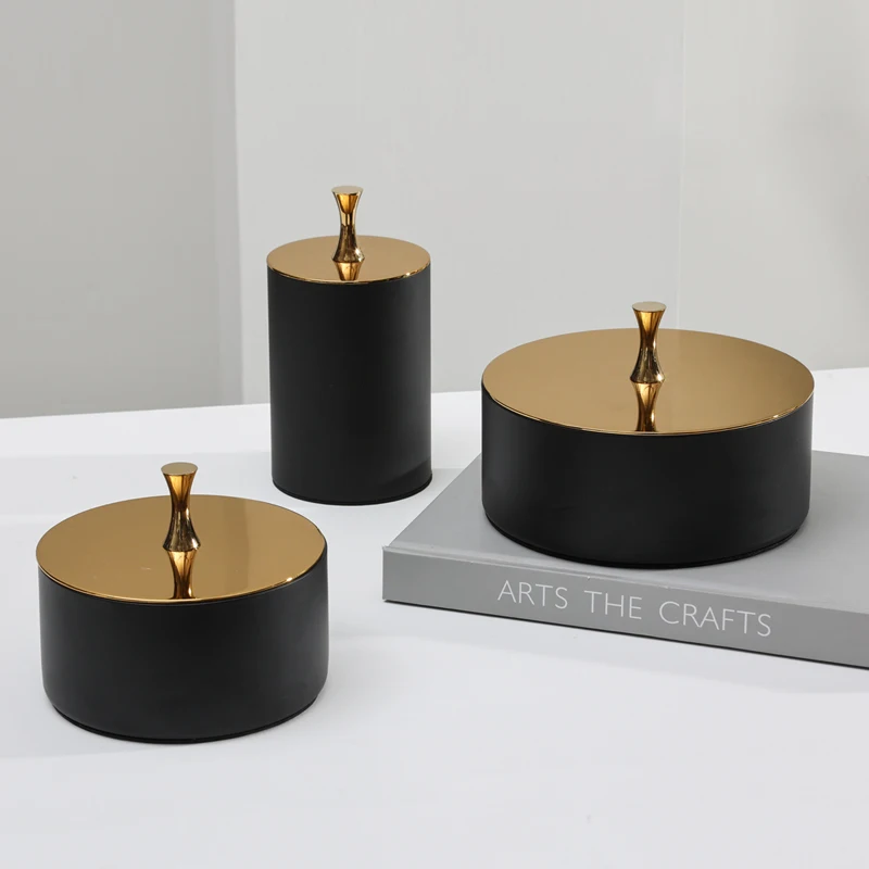 Modern Light Luxury Black Gold Alloy Storage Tank with Lid Storage Box Living Room Coffee Table Desktop Home Decorations