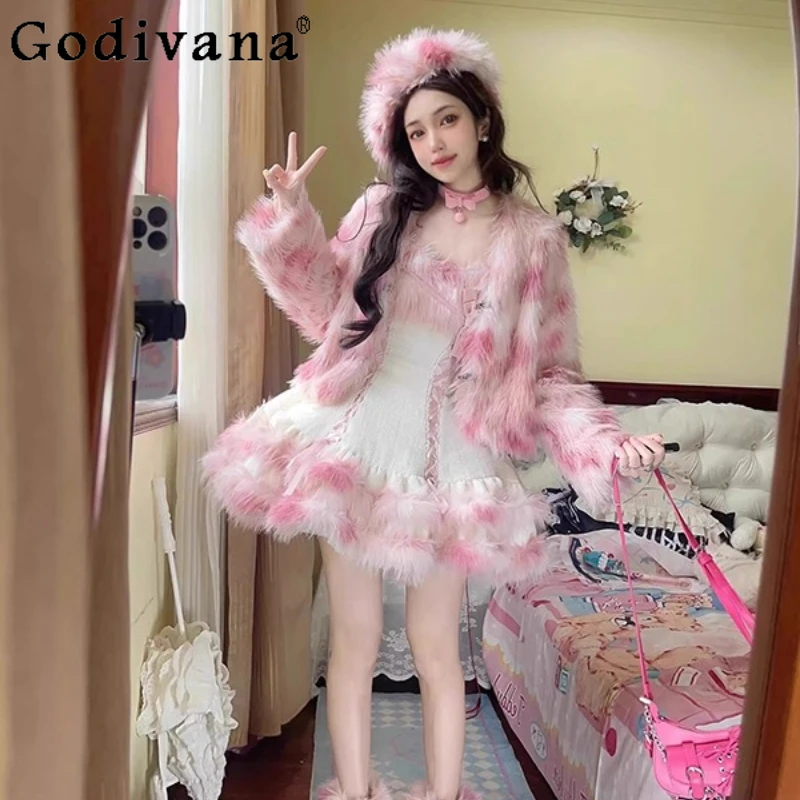 الحلو الفتيات الوردي لطيف لوليتا فستان مجموعة النساء تنوعا معطف أفخم فو الفراء قصيرة JSK لوليتا دعوى الخريف الشتاء اليابانية وتتسابق