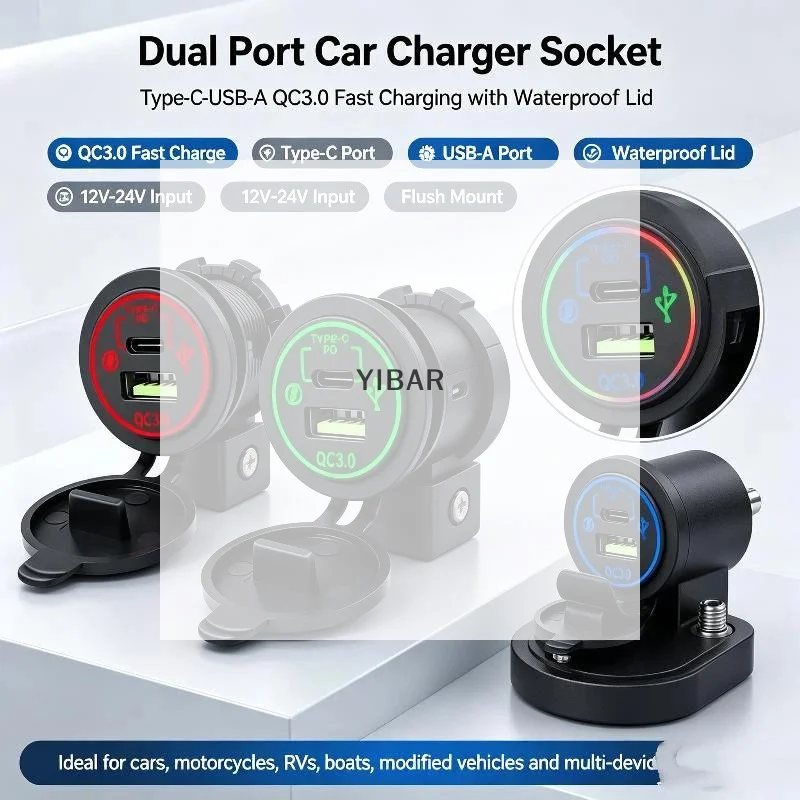 Caricatore Da Auto QC 3.0 USB PD Type C, Presa Di Corrente Per Auto, Adattatore Caricabatterie Per Telefono Cellulare, Impermeabile, 12V-24V Per Auto, Barca, Camper, Camion-image
