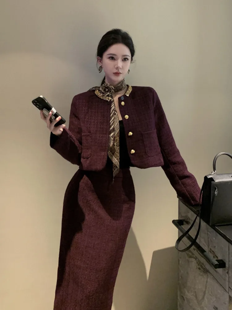 High Quality French Vintage Tweed Two Piece Set Women Jacket Coat + Long Skirt Suits Conjuntos Femininos Ensemble 2 Piece Femme