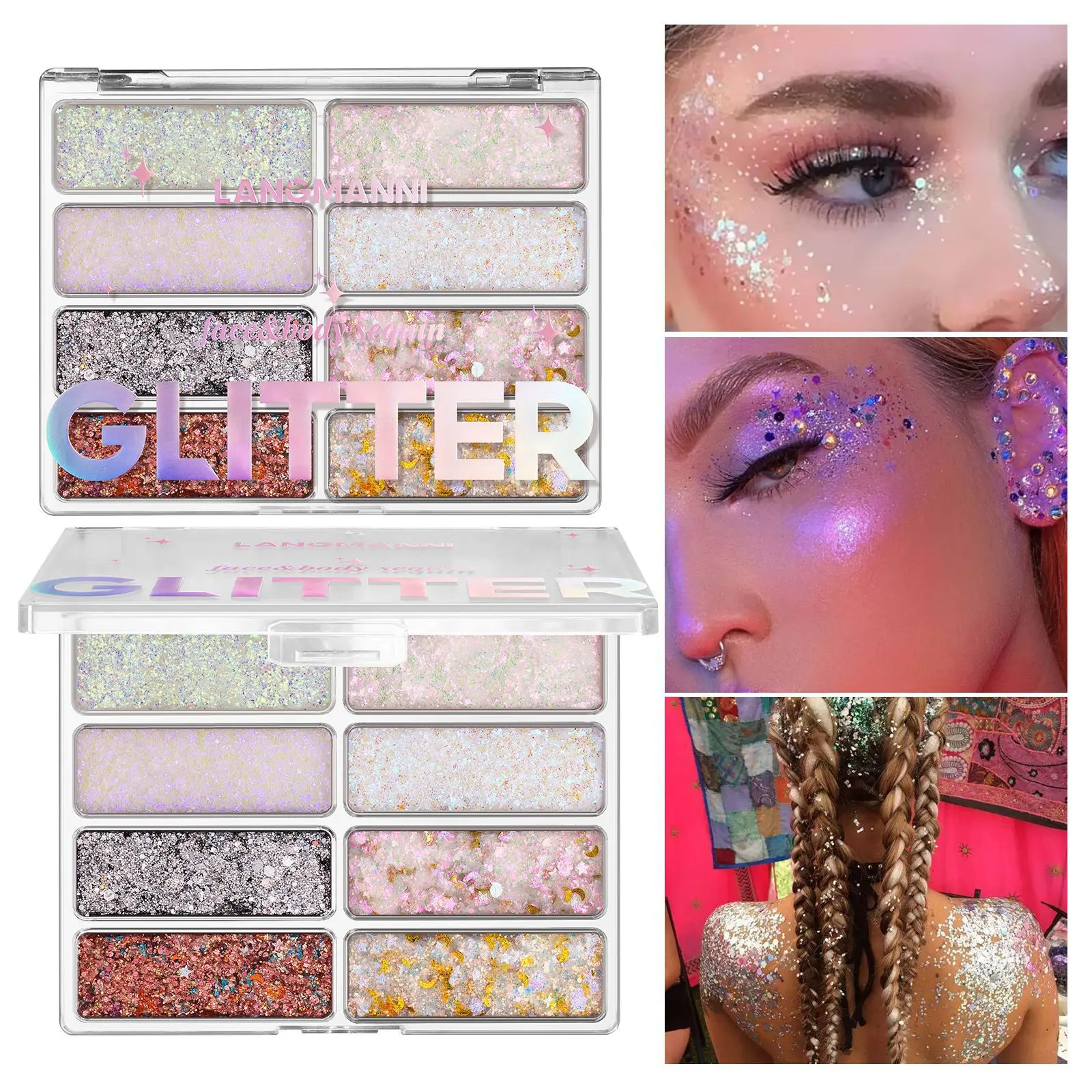 8-Color Body Glitter Palette, Sparkling Shimmer Powder & Sequins for Face Body Art, Festival Party,Satge Makeup Set