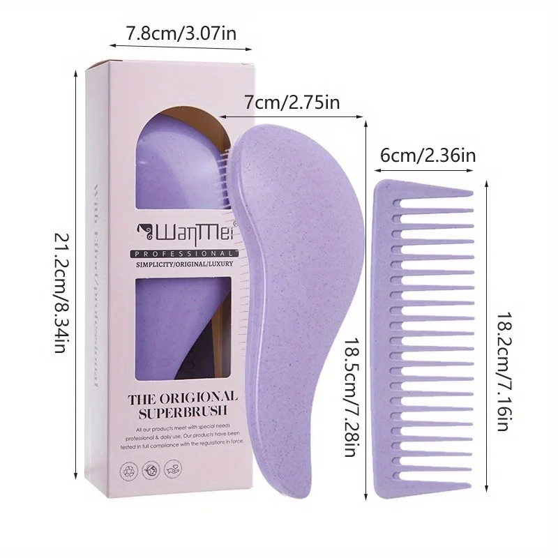 2pcs Magic Detangling Comb Set Soft Eco-friendly Wide Teeth Wheat Straw Hairbrush Scalp Massage Grooming Brush Salon Styling Kit