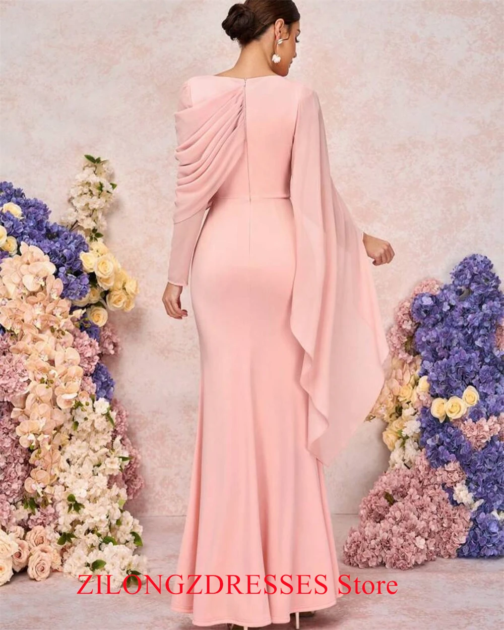 Customized  Mermaid Simple Pink Jersey Evening Dress Elegant Long Sleeves Homecoming Dresses Modern Special Occasion Go image 5
