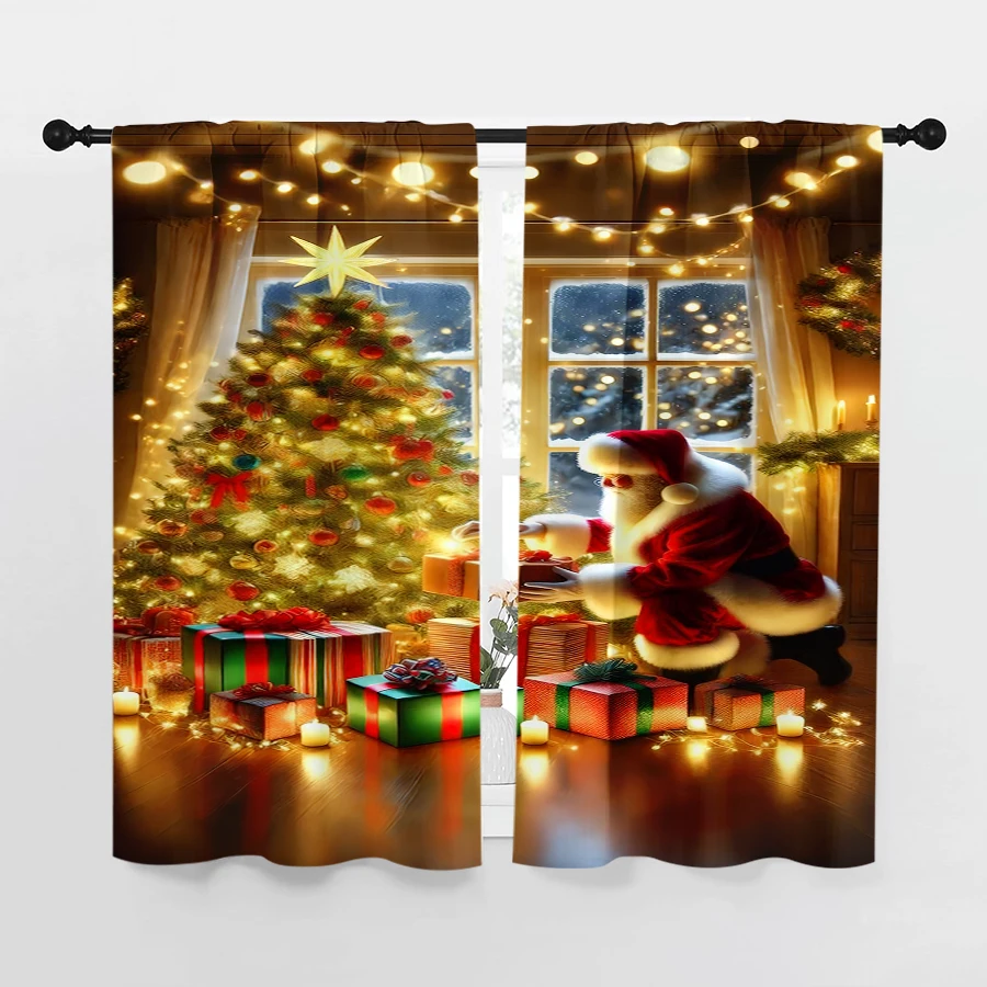 2PCS Digital Print Christmas Curtains, Santa Placing Gifts Tree Warm Light, Classic Heartwarming Window Drapes for Holiday Decor