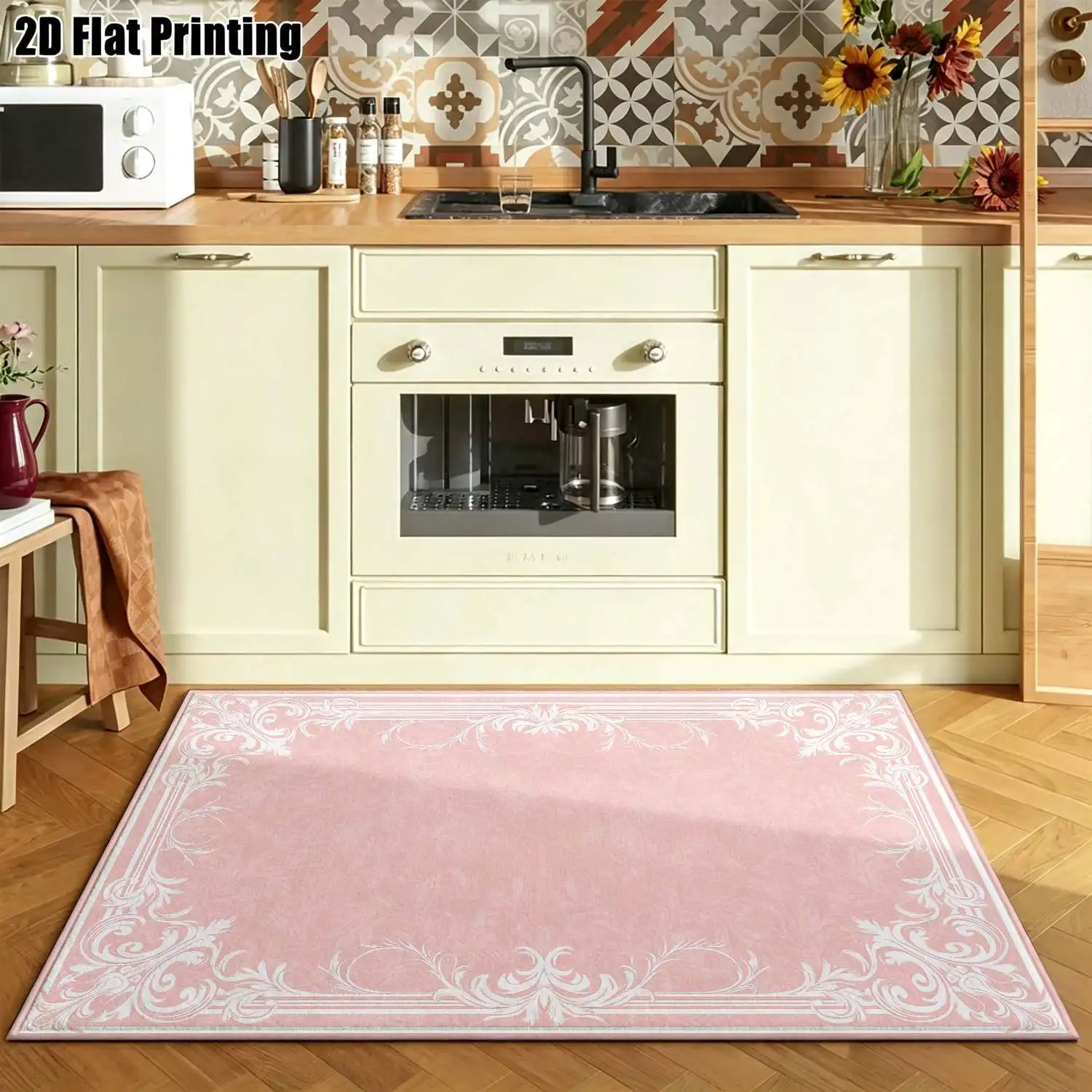 1Pc 2D Printed Pink Floral Carpet European/Retro/Geometric/Bohemian Style, Home Decor, Multi-Size, Machine Washable, for Entrance, Dining, Foyer, Bedroom, Living Room.