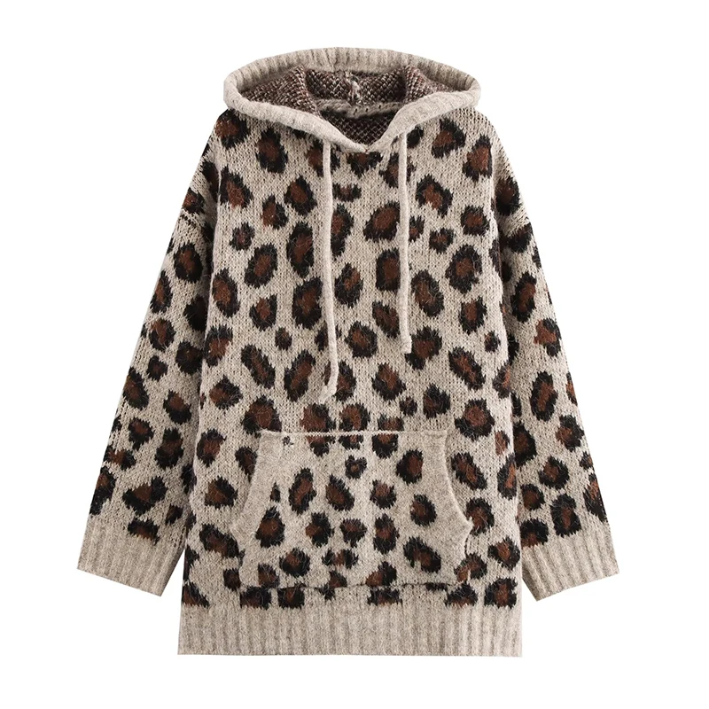 Women Vintage Animal Print Jacquard Knit Sweatshirt Long Sleeve With Pocket Hooded Loose Pullovers Streetwear sudaderas