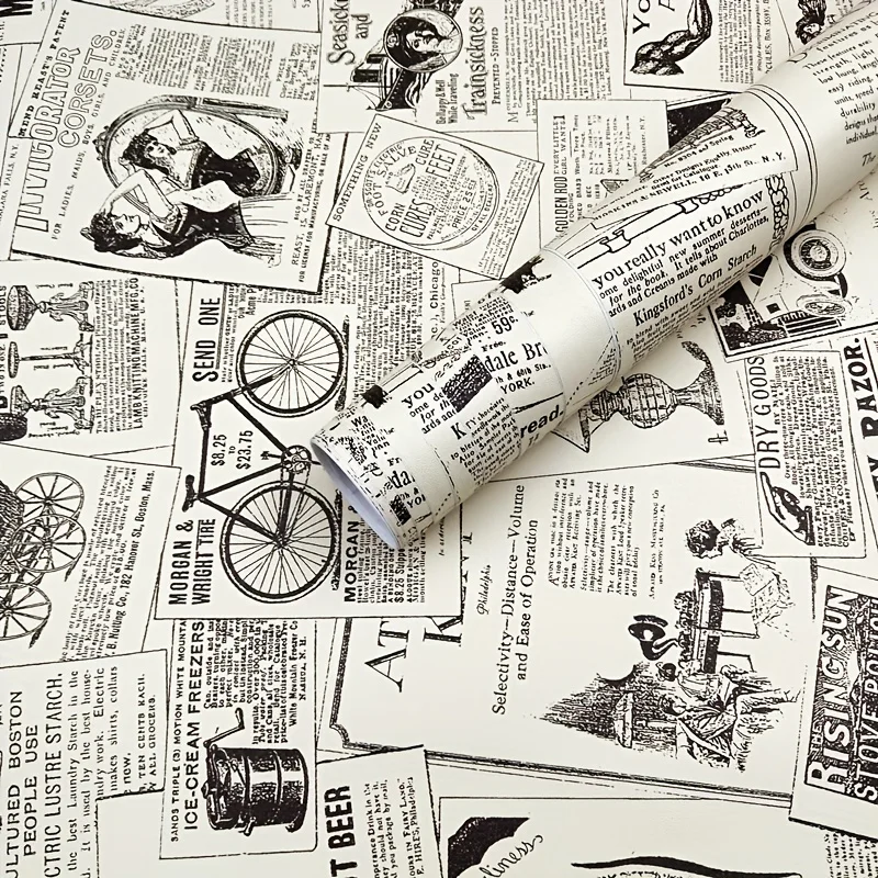 Retro British Newspaper Pattern Self-adhesive Wallpaper Furniture Renovation Wall Decoration Sticker 17.72in*118.11in Home Decor