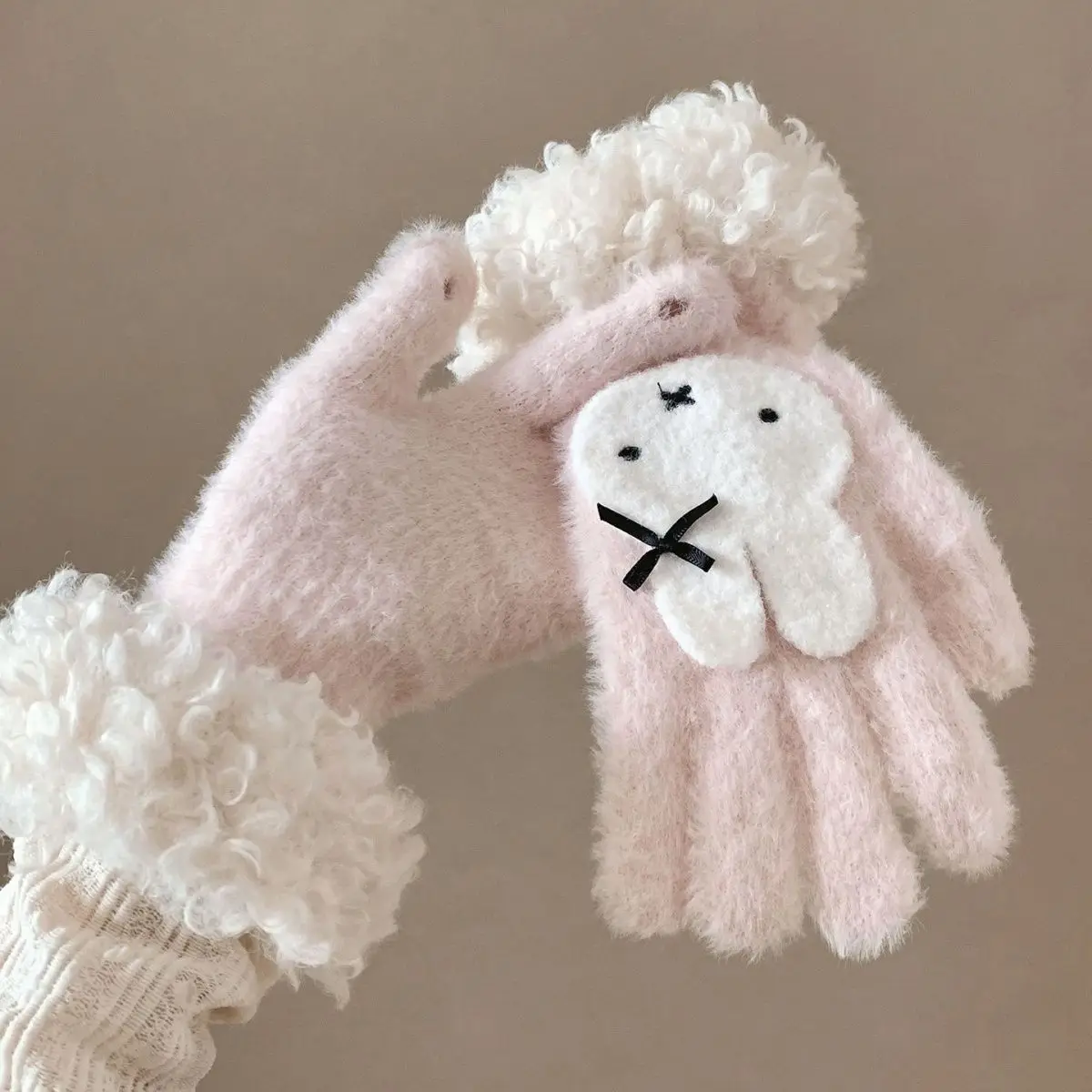 Kawaii Miffy Pink Plush Knit Gloves Touch‑screen Finger‑exposed Design Warm Cold‑proof Handwear for Winter Cycling Ladies Lovely
