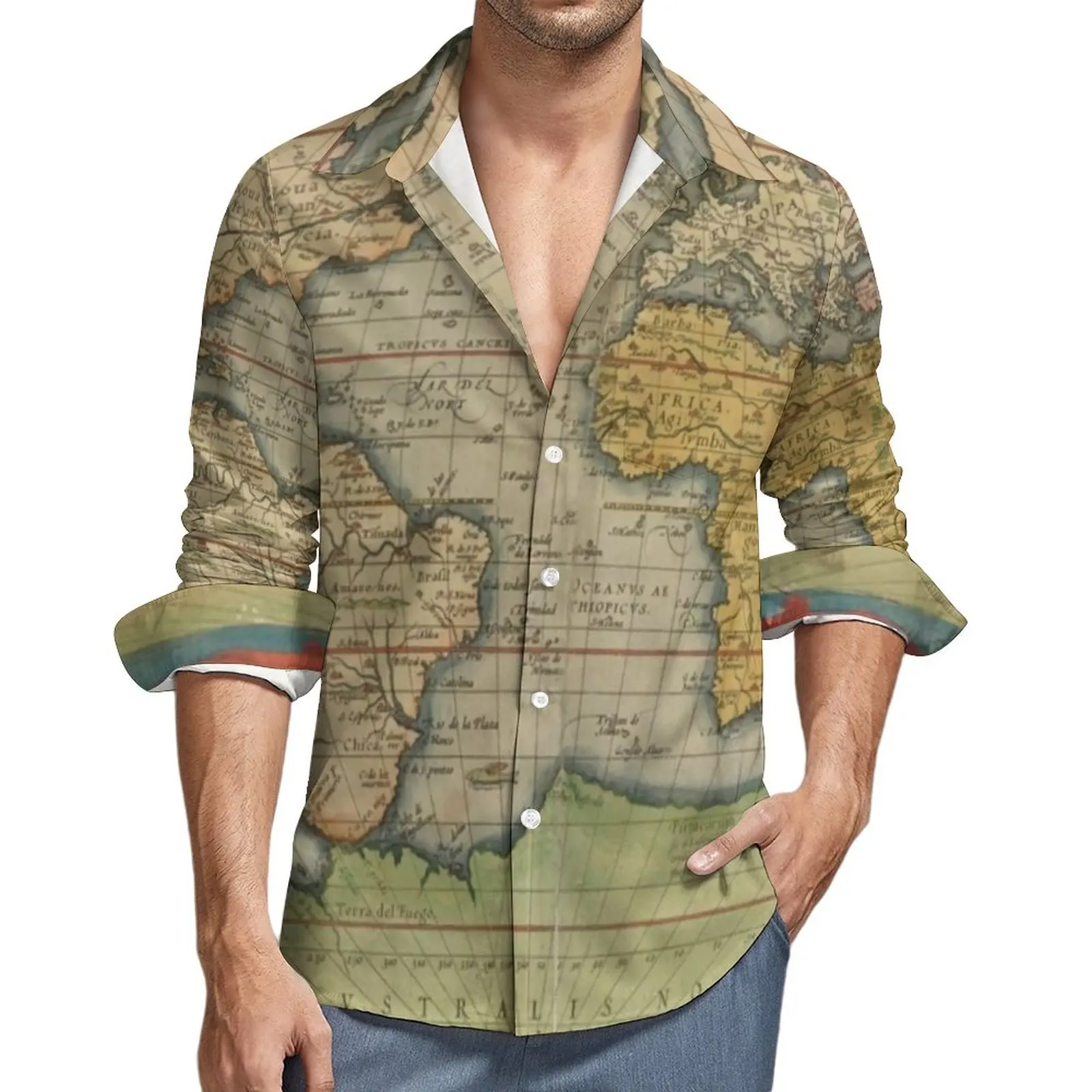 Fashion Earth Map Street Style Casual Shirt Men Vintage 3D World Map Print Shirt Autumn Vintage Blouses Long Sleeve Graphic Tops