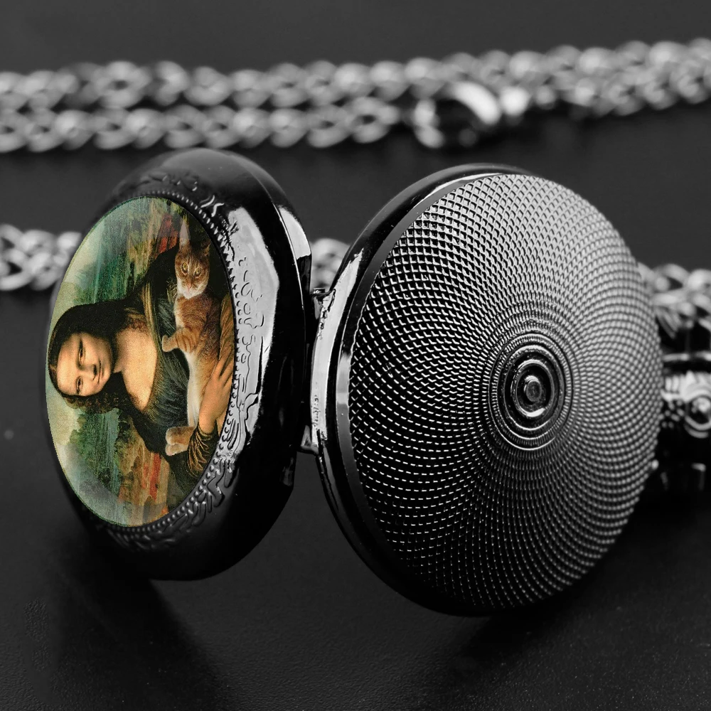 クリエイティブ面白いモナ猫デザインヴィンテージクォーツ懐中時計女性男性腕時計ペンダント時計ネックレスジュエリー誕生日ギフト