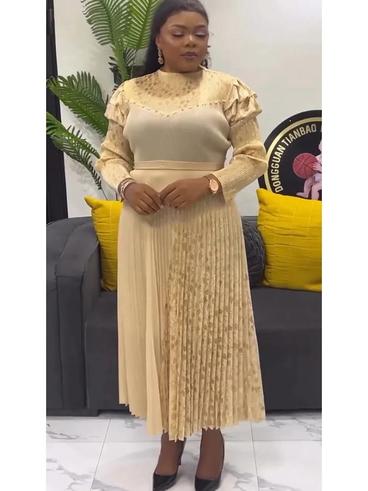 فستان EGRM عالي المرونة بطيات للنساء بياقة دائرية وأكمام طويلة وأربطة مطبوعة فساتين غير منتظمة الطيات 2025 جديد 6R4018