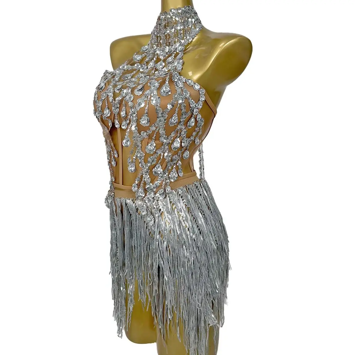 

Sparkly Crystals Sequins Latino Dance Dress Sexy Women Strapless Crop Tops Mini Skirt 2Pieces Set Nightclub Showgirl Clothing