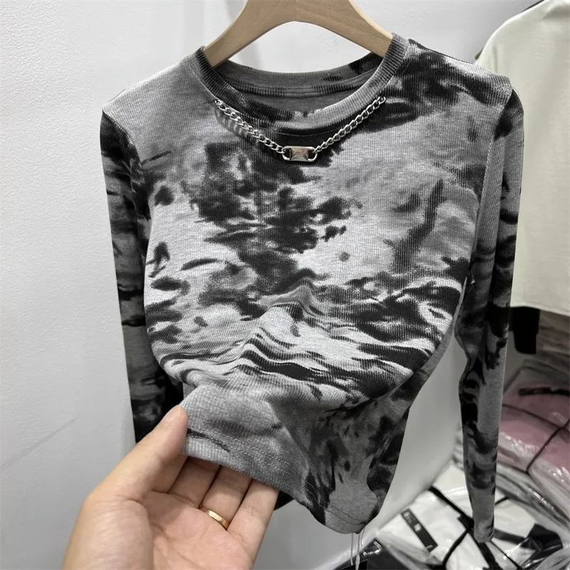 Tie Dyed Ink Painting Long Sleeve T-shirt Roumd Neck Chain Slim Tees Spring Autumn Chic Women Short Tops