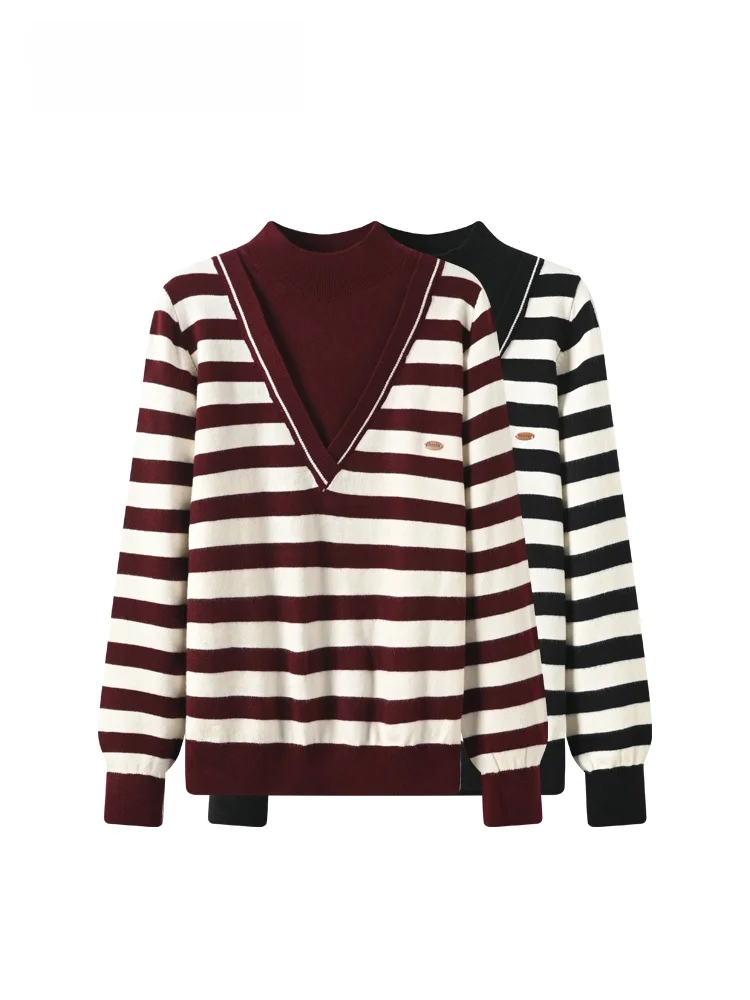 

plus Size High Ne Long Sve Knitwear Women Autumn Winter New Sle Slimming Striped College Sle Sweater Casual Loose Fit