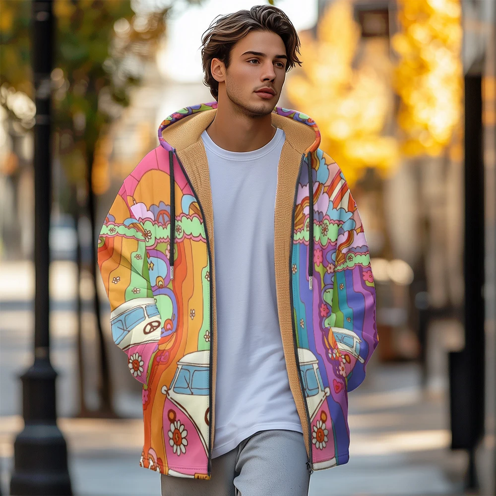 Veste rembourrée en coton à imprimé de plumes pour hommes, vêtements d'hiver, fermeture éclair, floral coloré, bus, graffiti, poche, neuf