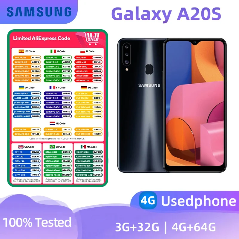 Samsung Galaxy A20S 4g Smartphone Snapdragon450 32GB 6.5-inches Screen 13MP Camera Android Original Used Phone