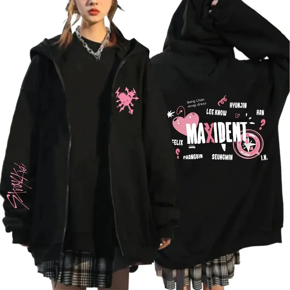 Sudadera con capucha estilo Kpop Harajuku para hombres y mujeres, jersey con capucha con estampado Maxident y cremallera, ropa de calle Hip Hop Y2k